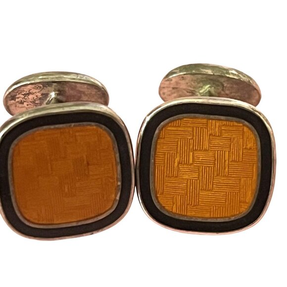 Vintage 925 Sterling Silver Orange Enamel Cufflinks - Picture 1 of 2